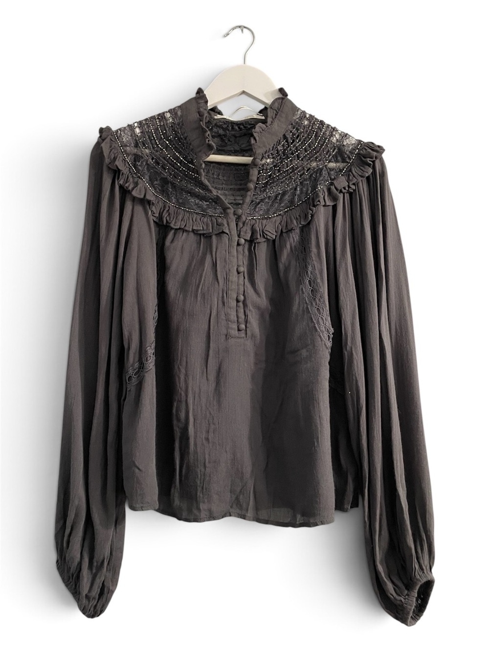Anthropologie long-sleeve blouse beaded lace trim Victorian boho feminine ruffle